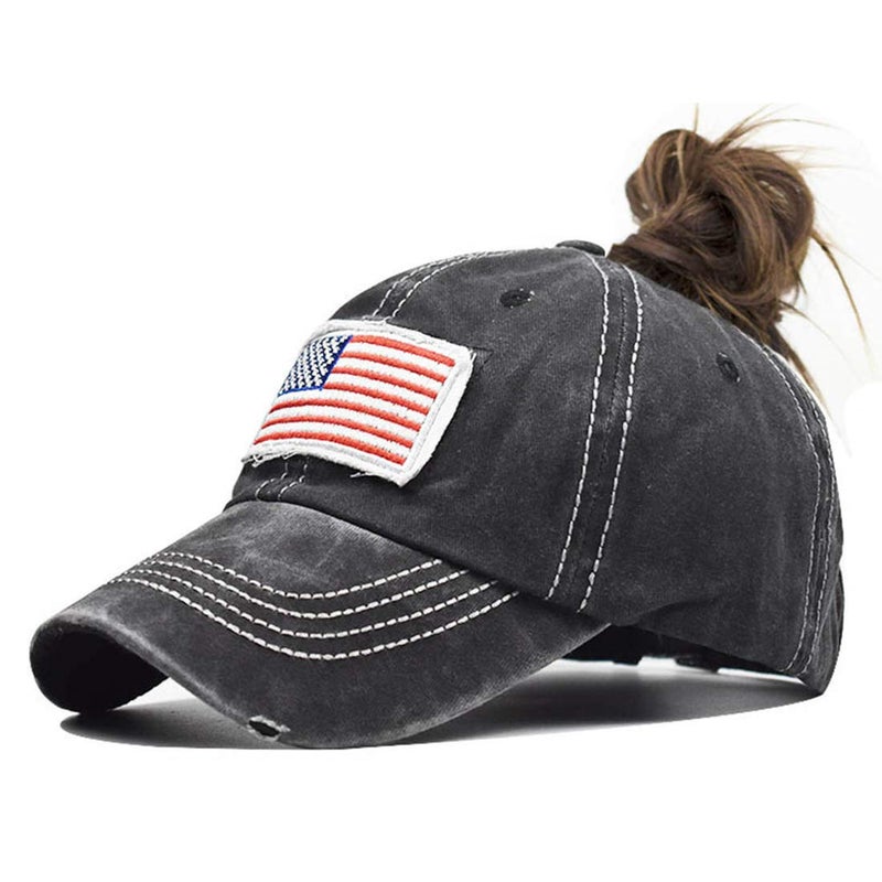 Pogah Distressed Ponytail Hat for Women American-Flag Pony Tail Caps High Bun Black - Image 1
